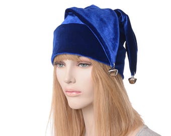 Jester Hat Royal Blue Velvet with Silver Bells Three Pointed Tails Horns Harlequin Cap Adult Men Women Cosplay Renaissance Fair