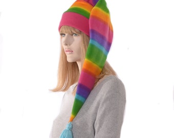 Stocking Cap Neon Rainbow Blue Tassel  Long Tail Hat Adult Women Men Pride Elf Hat