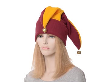 Jester Hat Burgundy Yellow with Jingle Bells Fleece Harlequin Cap Fool Three Tailed Beanie Cosplay
