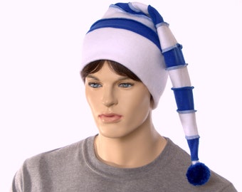 Stocking Cap Blue White Stripe Stocking Cap Hat Pointed Beanie with Pompom Fuzz Ball Tail Hat