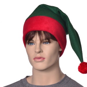 Green Red Stocking Cap Christmas Elf Hat Green Santa Hat Unisex Adult Men Women Point Pompom Handmade