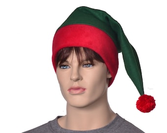 Green Red Stocking Cap Christmas Elf Hat Green Santa Hat Unisex Adult Men Women Point Pompom Handmade