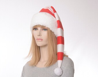 Santa Hat Red and White Striped Sherpa Heaband Adult Men Women Fleece Pointed Pompom Stocking Cap Elf