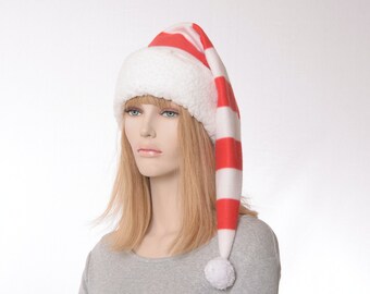 Santa Hat Red White Striped Sherpa Headband Adult Men Women Fleece Pointed Pompom Stocking Cap Elf Christmas Gift Him Her