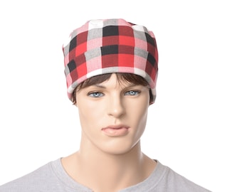 Night Cap Plaid Red Black White Buffalo Round Pillbox Sleep Hat Adult Men Women Cotton Camping Nightcap