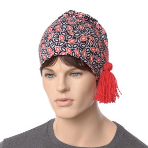 Nightcap – Red & Black Leaf Print Soft DBP Sleep Cap with Tassel, Cozy Cottagecore Night Hat
