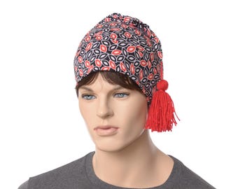 Sleeping Hat Red White Black Leaf Pattern with Tassel Nightcap Style Soft Adult Men Women Night Cap Chemo Hat