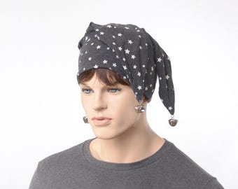 Jester Hat – Star Print Night Sky Costume Cap with Bells, Dark Whimsy Gothic Style Hat, Cozy Hats Adult Men Women Ren Faire
