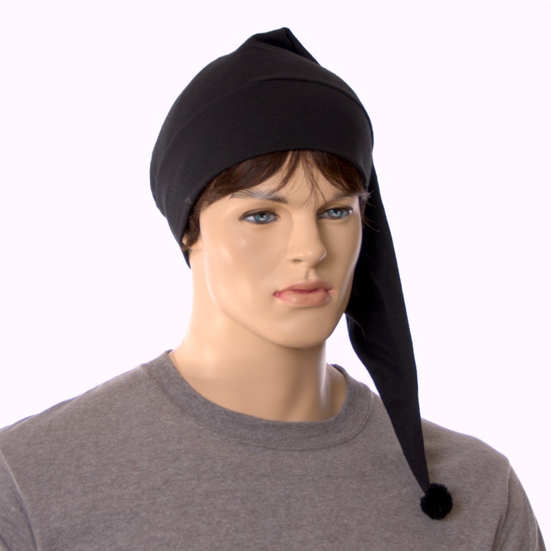 Night Cap Black Cotton Pointed Nightcap With Pompom Adult Men Etsy