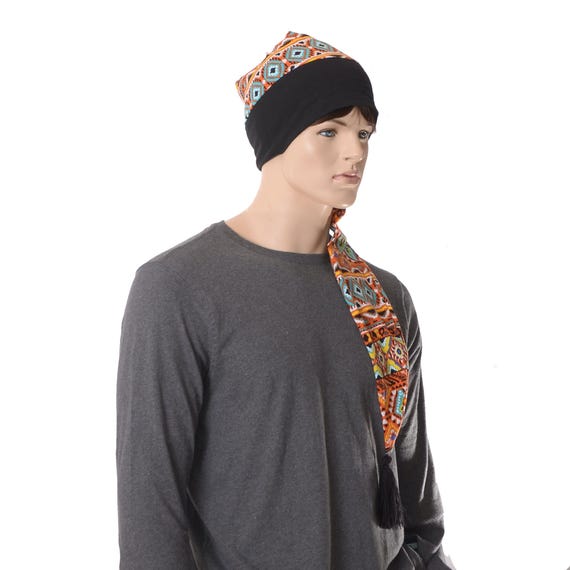 Boho Elf Hat Nightcap: Geometric Tribal Print, Soft Cotton 
