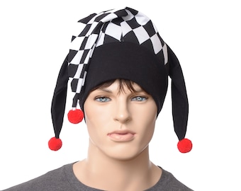 Jester Hat Black White Harlequin Diamonds Red Pompoms Cotton Harlequin Cap Fool Three Cosplay Adult Men Women Cosplay Ren Faire