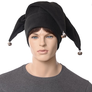 Black Fleece Jester Hat: Three-Pointed Joker Costume with Silver Bells