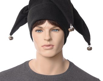 Black Fleece Jester Hat: Three-Pointed Joker Costume with Silver Bells