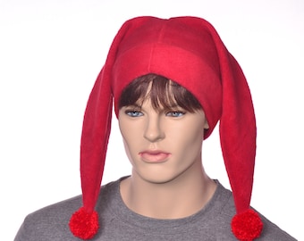 Red Harlequin Hat Two Pointed Jester Cap with Pompoms Fleece 2 Tail Cosplay