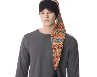 Boho Elf Hat Nightcap: Geometric Tribal Print, Soft Cotton Sleeping Cap Adult Mens Womens Sleep Hat