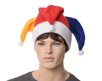 Jester Hat Primary Colors White Pompoms Three Pointed Fleece Fool Clown Cap Cosplay Adult Women Men Cosplay Renaissance Fair Red Blue Yellow