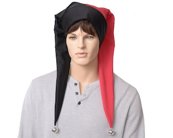 Jester Hat Red Black Stretch Satin Back facing Two Pointed with Jingle Bells Joker Cap  Adult Men Women Cosplay
