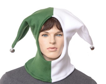 Jester Hood Green White Jester Hat Fleece Bells Harlequin Cap Cosplay Handmade Adult Men Women