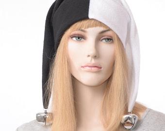 Fleece Harlequin Jester Hat: Black & White Cosplay Cap with Jumbo Silver Bells Commedia dell’arte Ren Fair