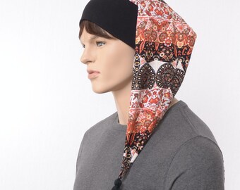 Nightcap Hat, Black Cuff Long Sleep Cap, Orange Black Boho Tribal Gypsy Night Cap With Tassel, Adult Men Women Stocking Cap