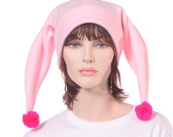 Jester Hat Pink Two Pointed Harlequin Cap Pompoms Adult Man Woman Fleece Pastel Goth Kawaii Pastel Goth Cute Core