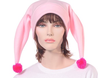 Jester Hat Pink Two Pointed Harlequin Cap Pompoms Adult Man Woman Fleece Pastel Goth Kawaii Pastel Goth Cute Core Fairy Core