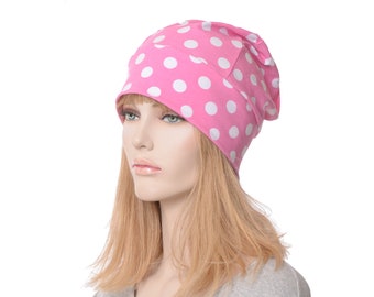 Beanie Skullcap Hot Pink and White Polka Dot Cotton Knit Adult Men Women Lightweight Beanie Chemo Hat