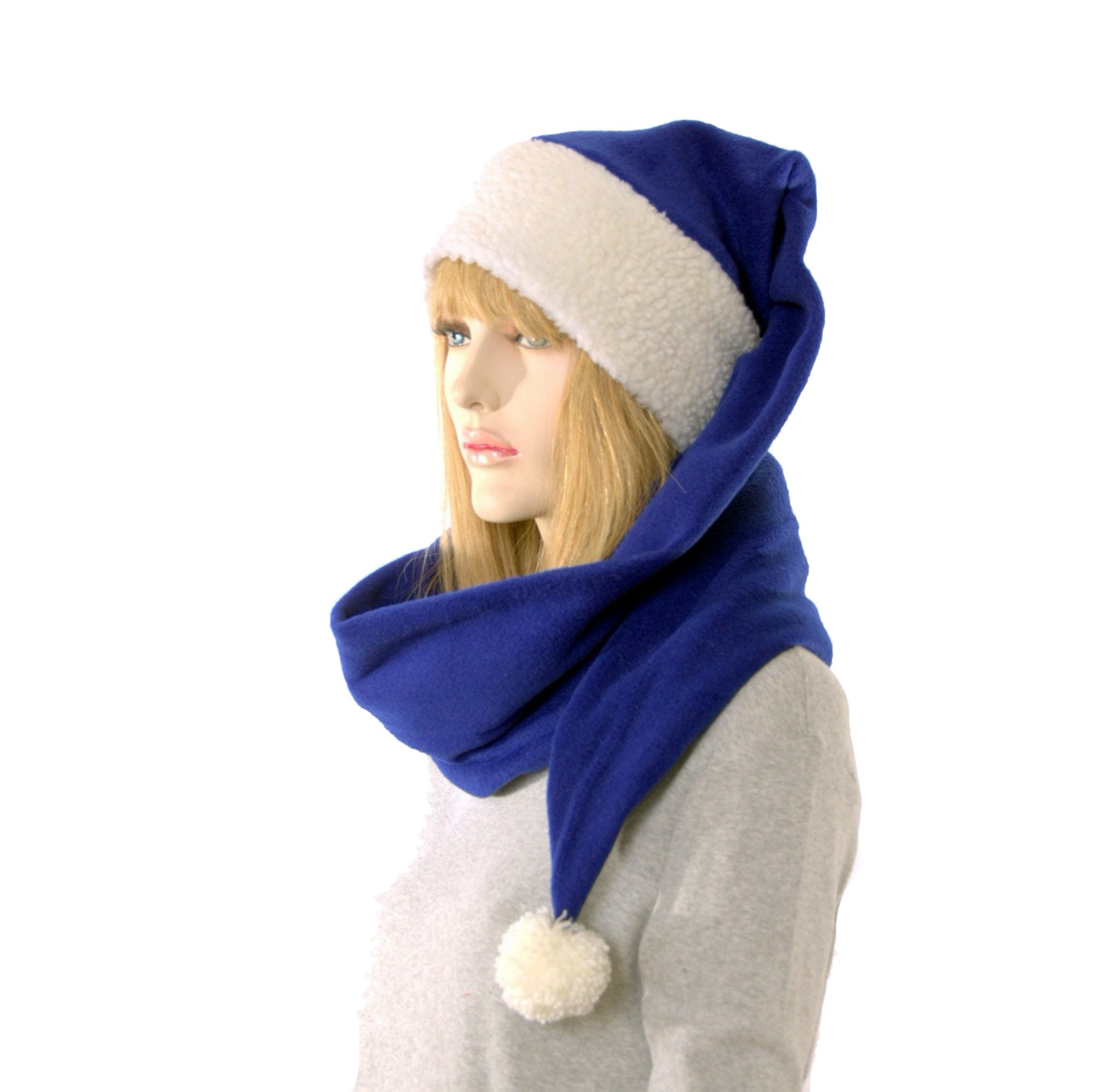 Stocking Cap Extra Long Royal Blue Sherpa Headband Pompom Scarf Hat Wrap  Around Fleece 5 foot long Adult Men Women