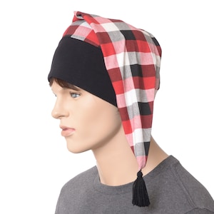 Buffalo Plaid Cotton Nightcap: Red Black White Checked Sleeping Hat