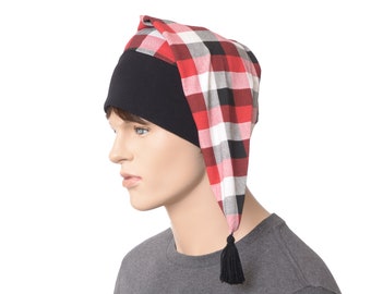 Sleeping Hat Nightcap Buffalo Plaid Black Red White Cotton Checked Night Cap with Tassel Adult Men Women Sleep Gift