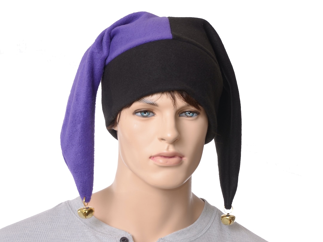 Jester Hat Black Purple Harlequin Cap With Gold Bells Fleece Etsy