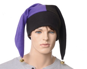 Jester Hat Black Purple Harlequin Cap with Gold Bells Fleece Costume Fool Cosplay Two Pointed