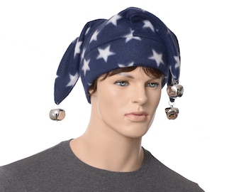 Jester Hat Navy with White Stars Oversized Bells Three Point Tails Adult Men Women Fleece Harlequin Fair