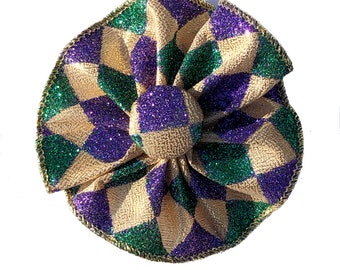 Mardi Gras Cockade Ribbon Hat Trim Brooch Glittery Purple Gold Green Lapel Pin Cosplay Embellishment Rosette