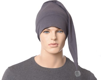 Night Cap Charcoal Gray Cotton Pointed Handmade Nightcap with Pompom Cotton Adult Men Women