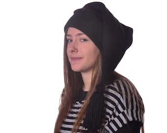 Black Stocking Cap Long Pointed Hat with Tassel Warm Winter Beanie Fleece Elf Cap Sock Hat Adult Men Women Christmas Gift for Him Her