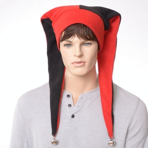 Jester Hat Red Black Back facing Two Pointed with Jingle Bells Made of Fleece Adult Men Women Cosplay