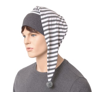 Nightcap Elf Cap Gray White Stripes Night Cap with Pompom Cotton Adult Men Women Gifts