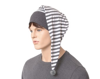 Nightcap Elf Cap Gray White Stripes Night Cap with Pompom Cotton Adult Men Women Gifts