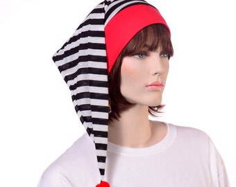 Nightcap Red Black White Stripes Sleep Hat Winter Nightcap Adult Men and Women Mime Night Cap Pompom Cotton Cosplay