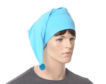 Turquoise Blue Cotton Nightcap: Handmade Short  Pointed Night Cap with Pompom Sleep Hat Adult Men Women