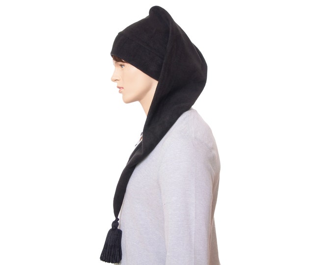 Featured listing image: Long Stocking Cap Black Tassel Goth Santa Hat Long Tail Hat Fleece Adult Men Women Waist Length Handmade