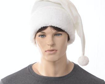 Santa Hat White – All White Fleece Santa Hats with Sherpa Cuff and Yarn Pompom, Snow Angel Christmas Stocking Cap
