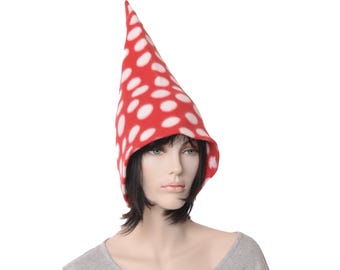 Gnome Hat Mushroom Spots of Red White Polka Dot Tall Pointed Adult Mens Womens Cap