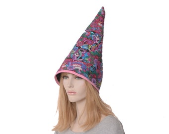 Psychedelic Gnome Hat, Paisley Quilted Cotton, Hippie Festival Cap, Pixie Fairy Costume, Renaissance Faire, Kitchen Witch Adult Men Women