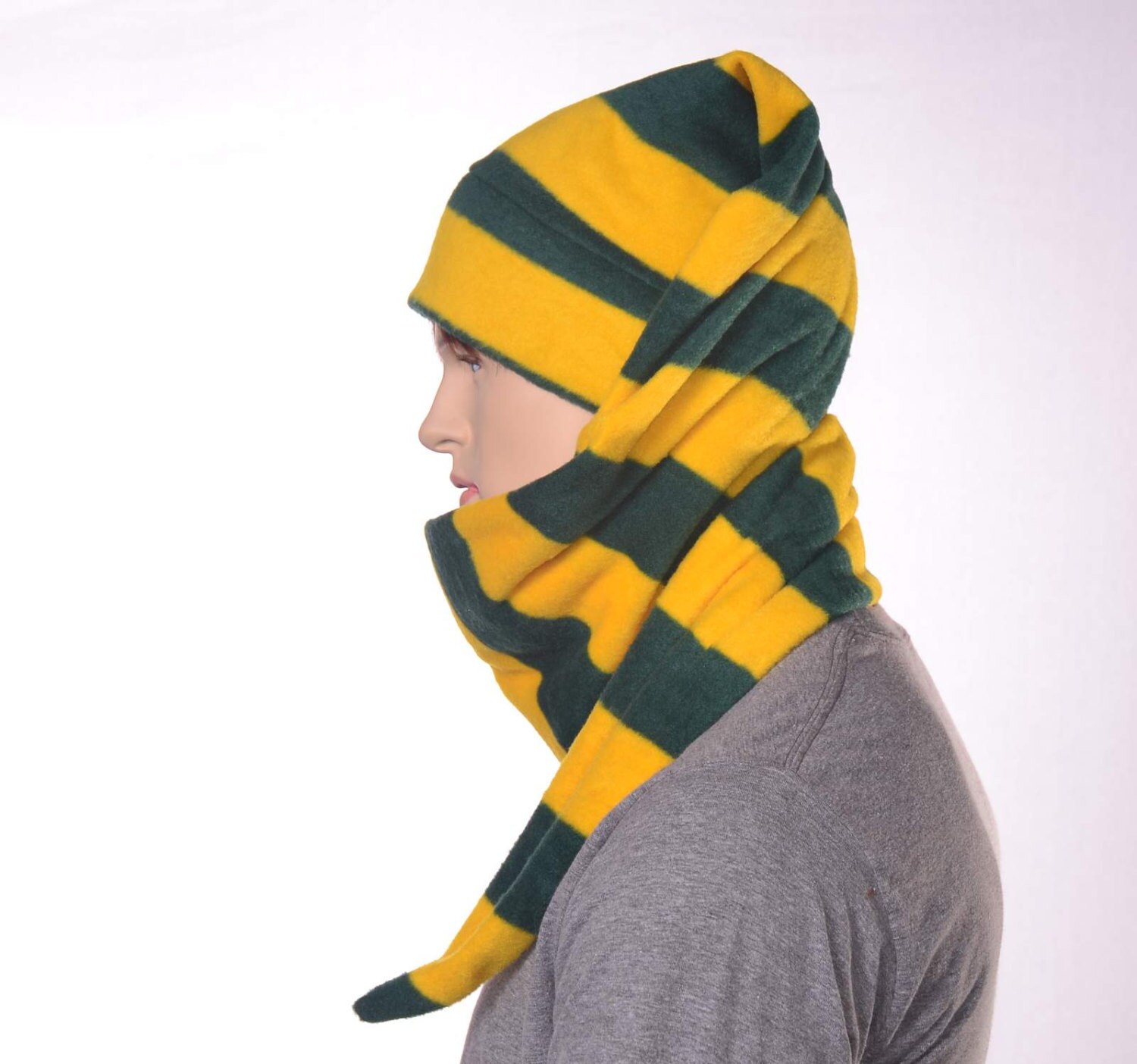 Stocking Cap Gold Green Striped Coiled Long Wrap Around Scarf Hat 5 ft