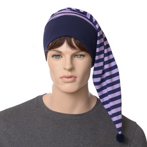 Night Cap Navy Blue Purple Striped Cotton  Nightcap with Pompom Adult Men Women Maroon Chemo Gift Hat to Sleep In