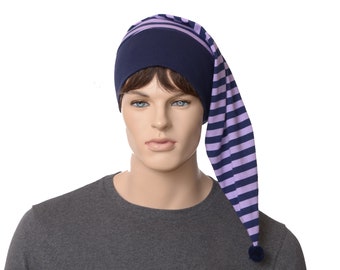 Night Cap Navy Blue Purple Striped Cotton  Nightcap with Pompom Adult Men Women Maroon Chemo Stuffing Stuffer Gift