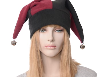 Jester Hat Burgundy Black with Gold Bells Fleece Harlequin Cap Fools Hat Three Pointed Beanie 3 Tail Hat Cosplay Adult Men Women