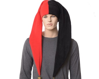 Jester Hat Extra Long Red Black with Bells Harlequin Cap Fleece Fools Hat Mardi Gras Carnival Adult Men Women Cosplay